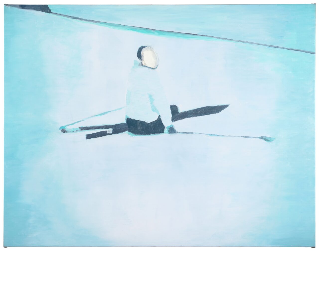 Eine minimalistische Darstellung einer Person im Boot, umgeben von einem hellblauen Hintergrund.