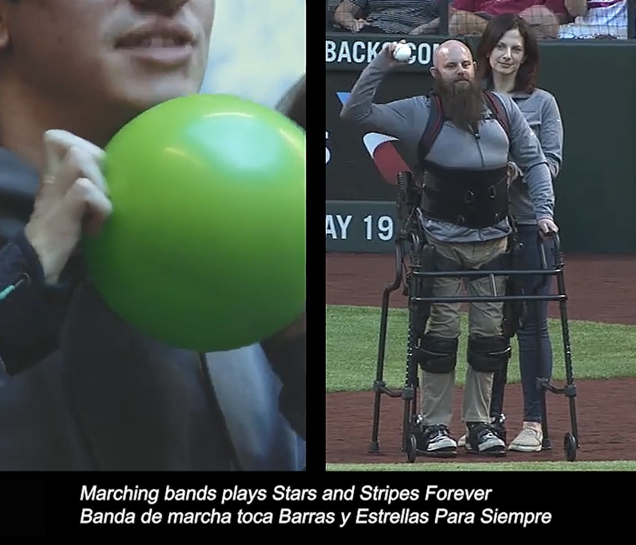 Zwei Szenen: Eine Person hält einen grünen Ball, während eine andere mit Gehhilfe winkt und eine Band spielt.