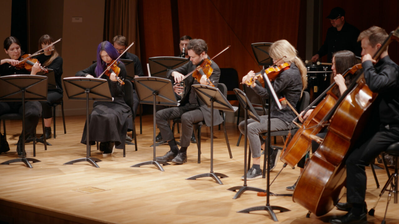 Ein Orchester spielt auf der Bühne, Musiker mit unterschiedlichen Streichinstrumenten in eleganter Kleidung.