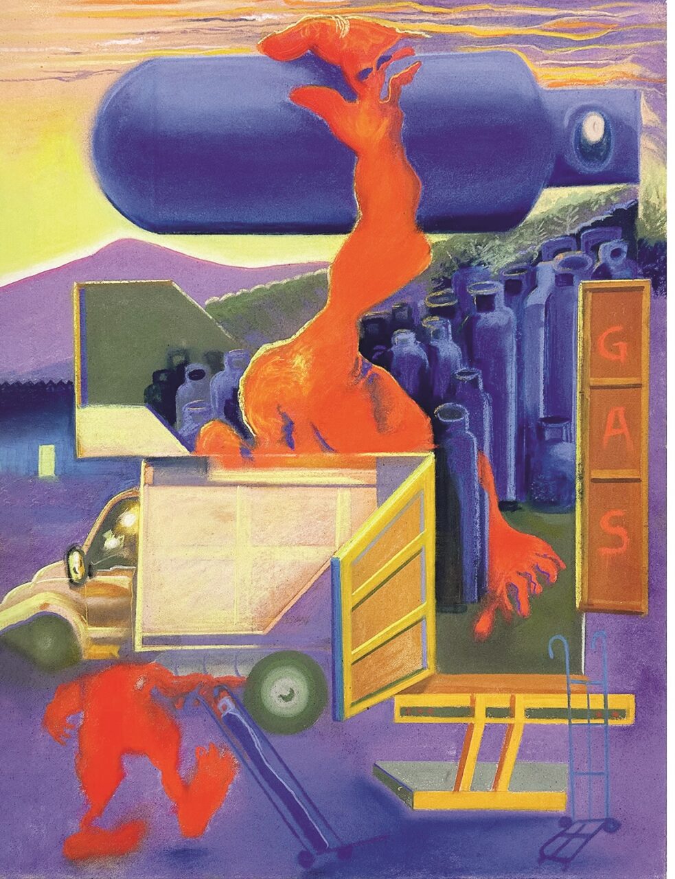 Abstract representation of an orange being interacting with gas cylinders and a truck in a surreal landscape.