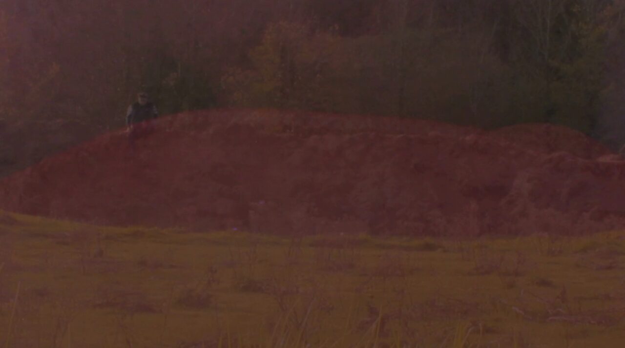 Hügel in sanfter Landschaft, umgeben von Bäumen und Wiesen, in gedämpftem Licht.