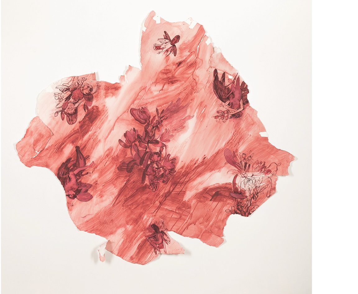 Watercolor art in shades of red featuring floral motifs that emphasize gentle, flowing shapes.
