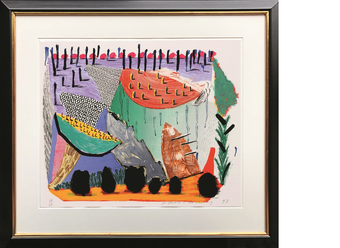 Abstract art depiction with colorful shapes, textures, and vivid colors, elegantly framed.