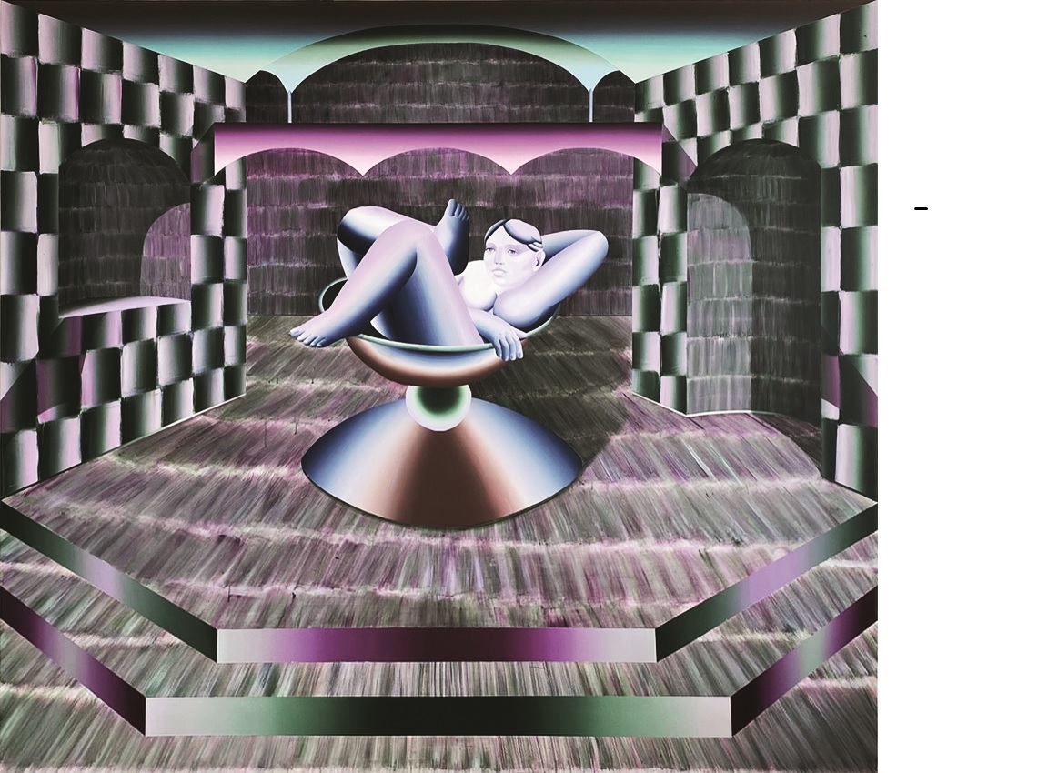 Surreal scene with an abstract figure sitting on an elegant throne in a geometric space.