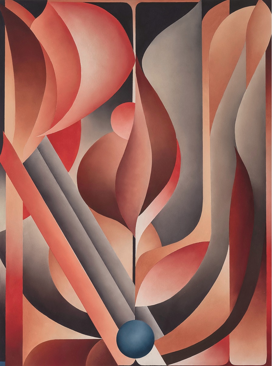 Abstract composition of curved shapes and warm colors, enhanced by a blue sphere in the center.