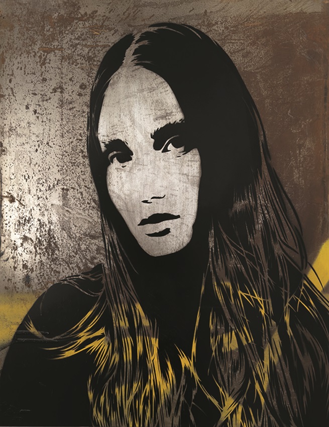 Stylized black-and-white depiction of a woman with long hair on a metallic-colored background.