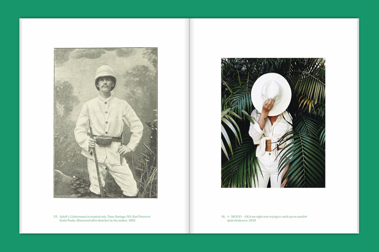 Historical photo of a man in a white uniform next to a modern image of a person with a large hat and palm trees.