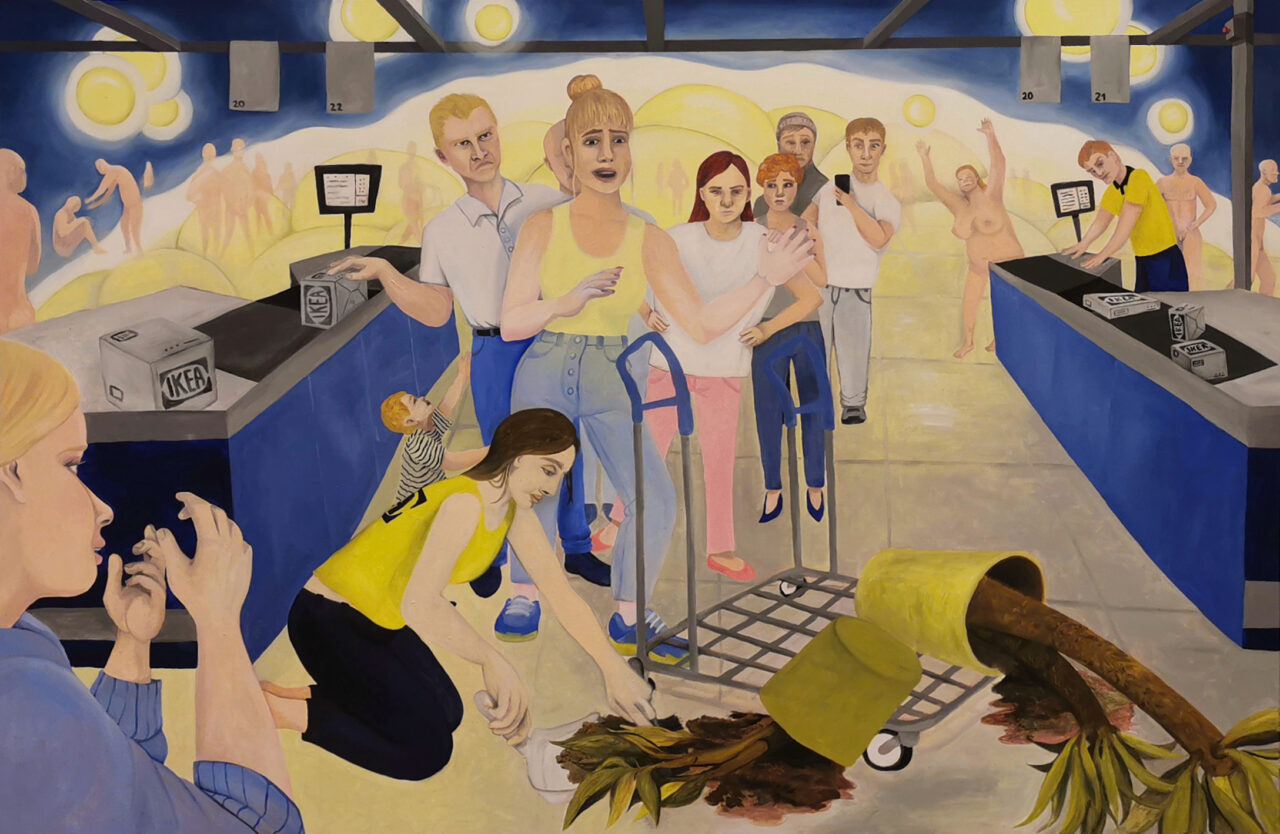 Modern scene in a supermarket, people interacting, one person falls with a shopping cart, vibrant colors.