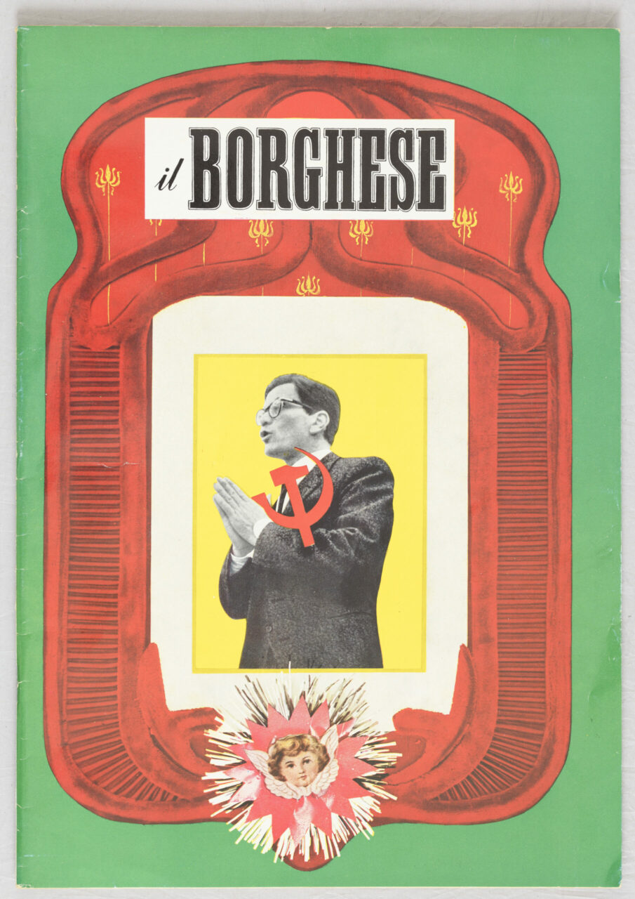 Illustration on a green background featuring a man in a suit and a communist symbol, surrounded by decorative elements.
