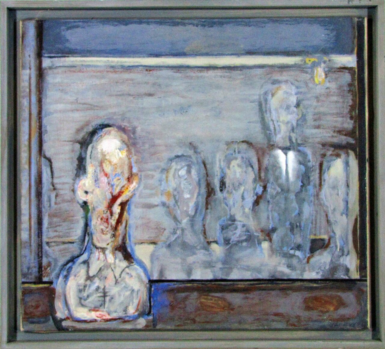 Abstract painting with silhouette-like figures in muted colors and a central, distorted shape.