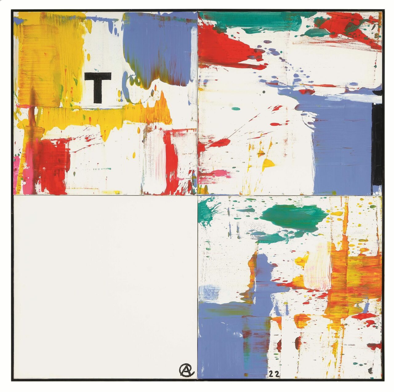 Abstract painting with colorful stripes and a white field, with some text in the upper left area.