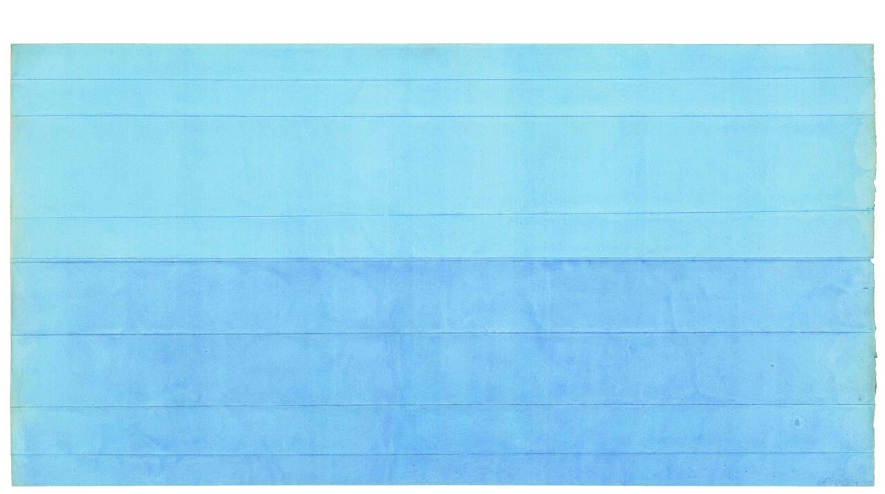 Abstract composition in various shades of blue with horizontal stripes.