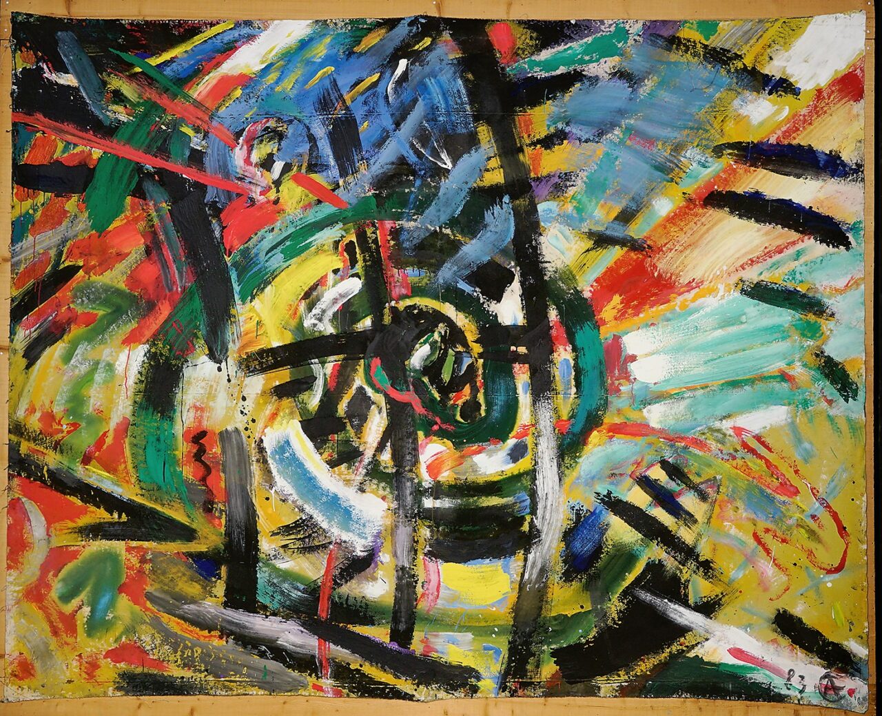 Abstract painting with vivid colors, dynamic shapes, and textured lines expressing energy and movement.