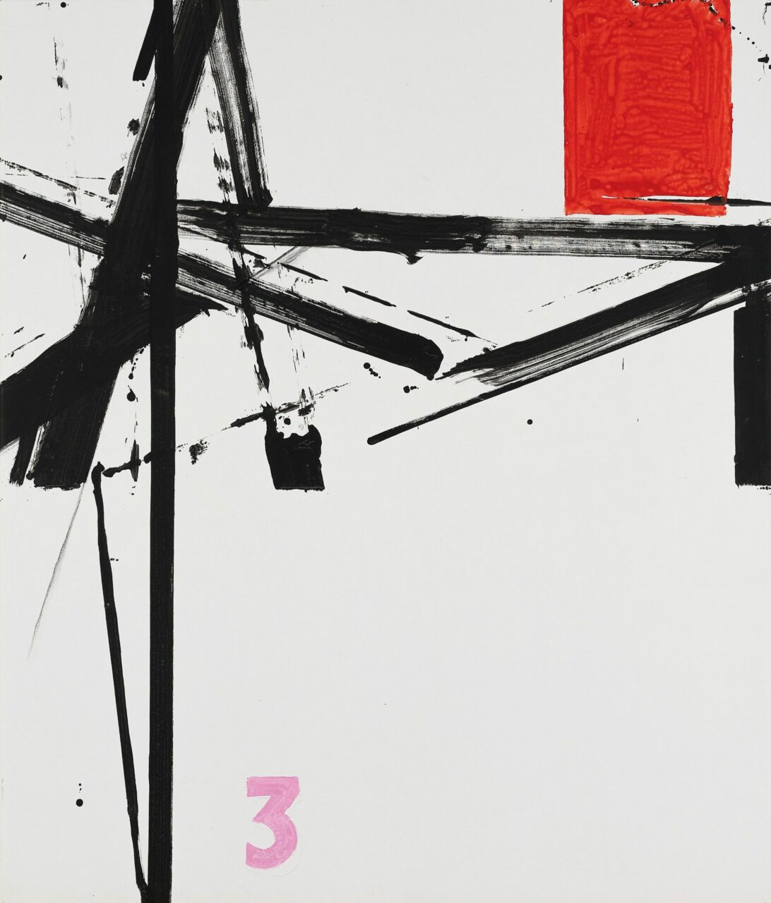 Abstraktes Kunstwerk mit schwarzen Pinselstrichen, rotem Quadrat und der Zahl 3 in Pink.