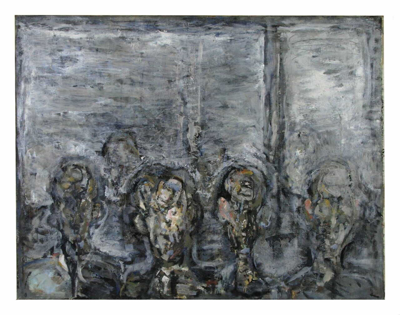 Abstraktes Gemälde in Grautönen mit schemenhaften Figuren und verschwommenen Konturen, die emotionale Tiefe ausdrücken.