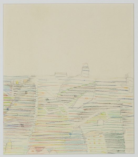 Abstract drawing with colorful lines and a bright, empty upper area.