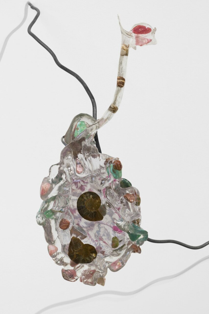 Transparent, organic sculpture made of colorful glass and wire, resembling a plant-like shape.