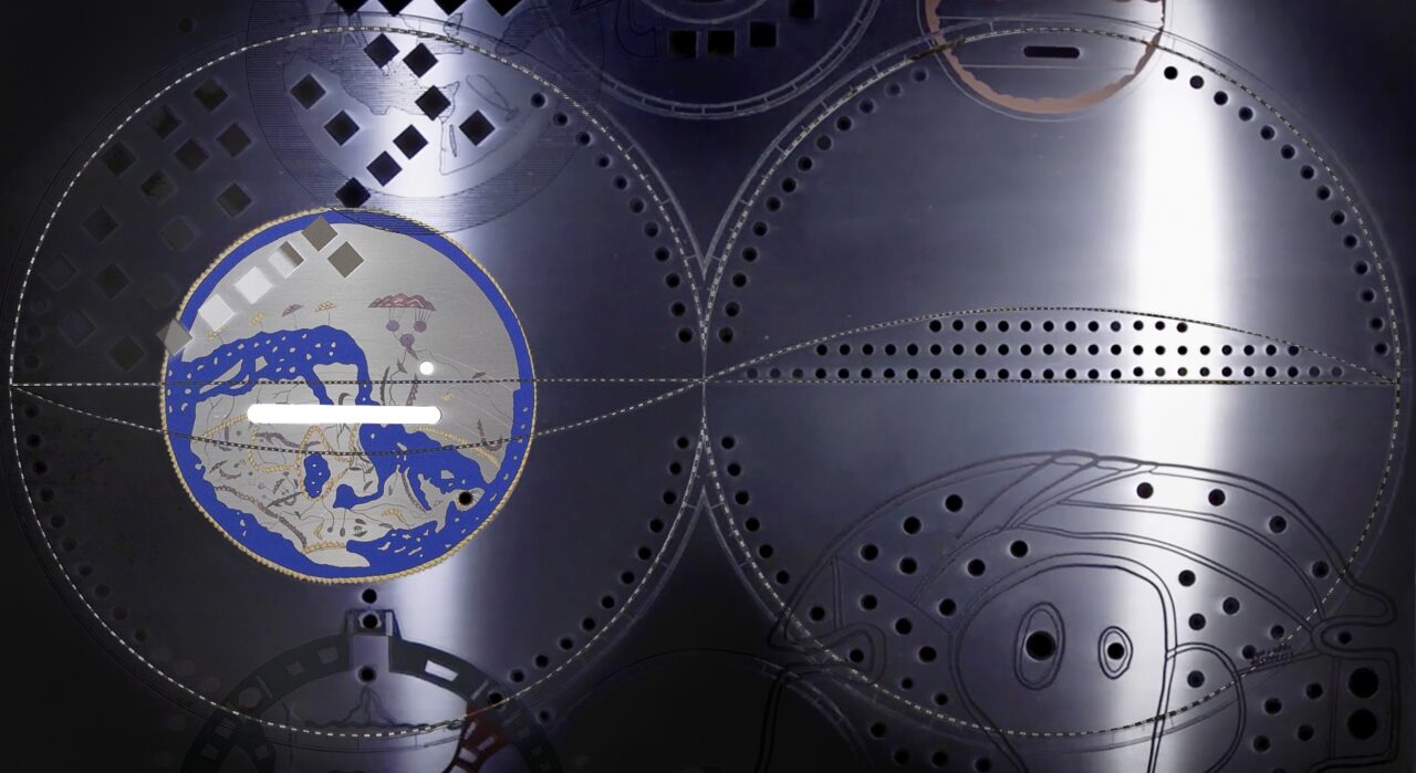 Abstract metal surface with circles and lines, partially featuring graphic elements in blue and white.