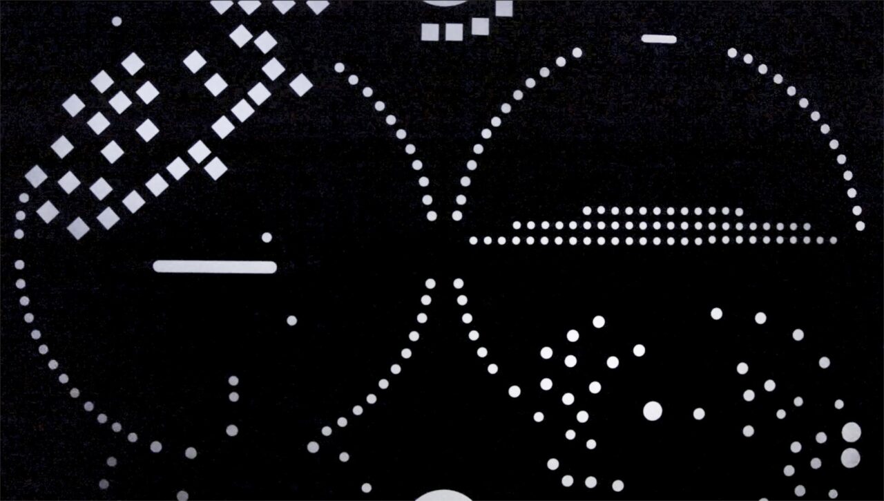 Abstract black-and-white composition with geometric shapes and patterns on a black background.