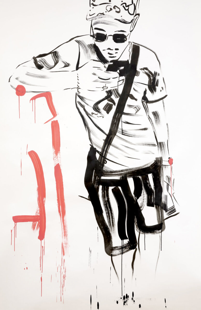 Graffiti art: stylized depiction of a young man in sunglasses, casually leaning with an urban vibe.