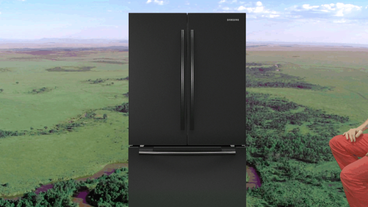 Schwarzer Kühlschrank auf einer grünen Landschaft mit einem blassen Himmel im Hintergrund.