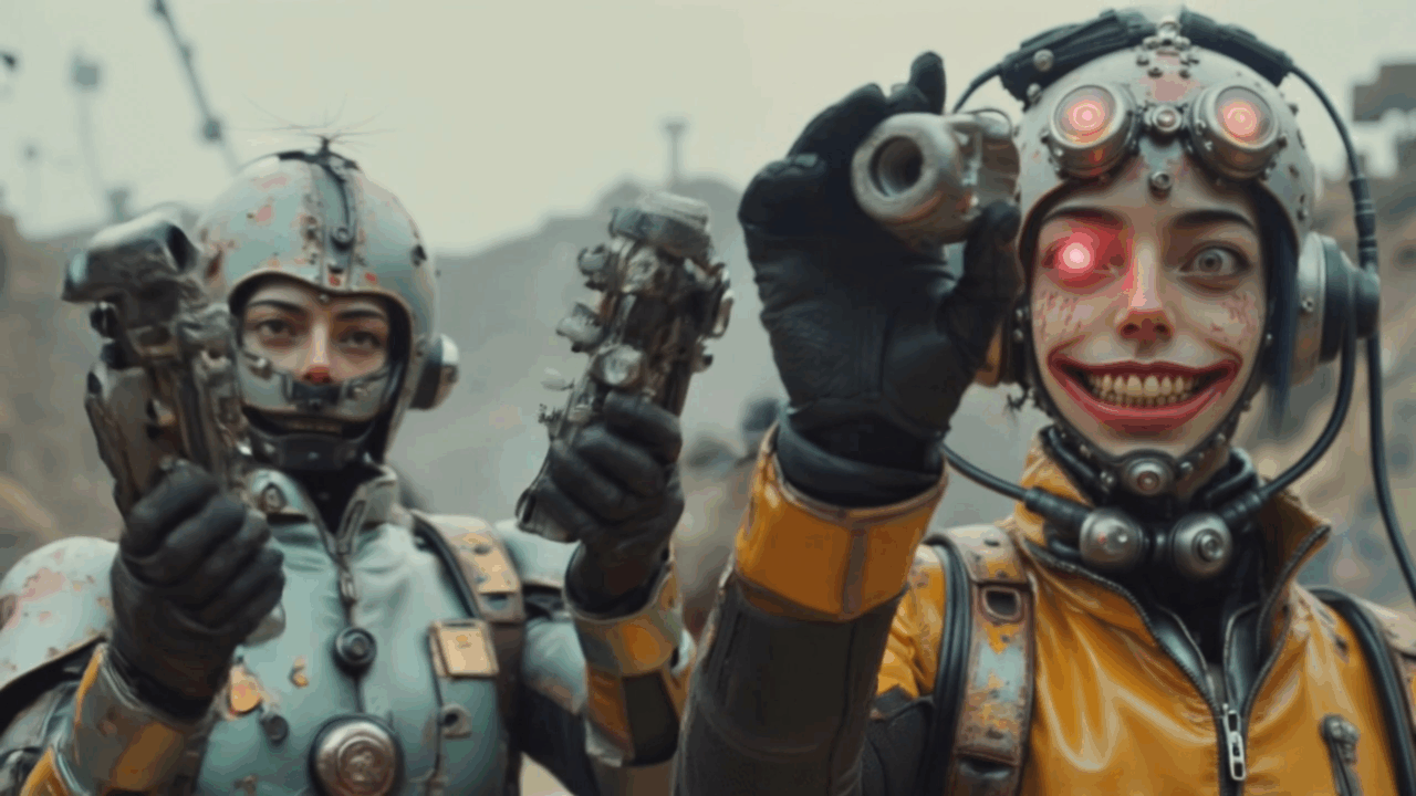 Zwei futuristisch gekleidete Figuren mit Waffen in einer dystopischen Umgebung, eine hat ein leuchtendes Auge und lächelt.