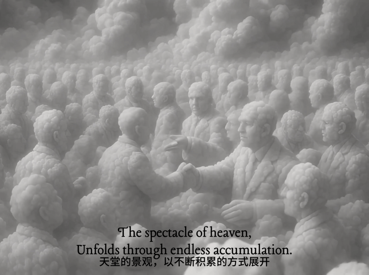 Gray cloud figures interact within a crowd, featuring poetic text in English and Chinese.