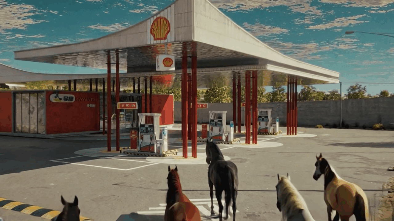 Horses are standing in front of a Shell gas station under a blue sky.