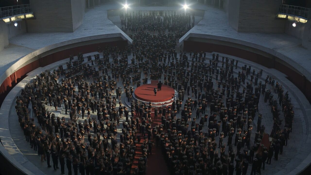 Eine große Menschenmenge versammelt sich in einem beleuchteten Kreis um eine Rednerbühne in beeindruckender Kulisse.