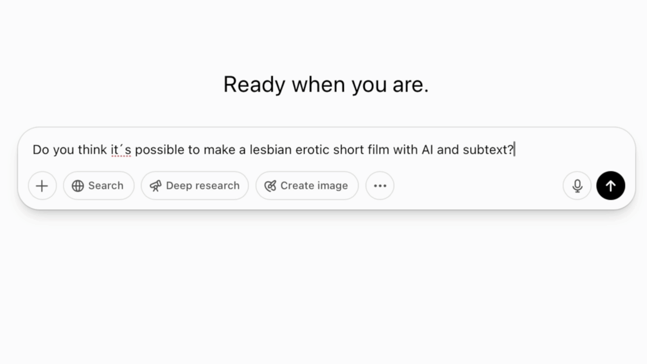 Textfeld mit der Frage zur Erstellung eines lesbischen erotischen Kurzfilms unter Verwendung von KI und Subtext.
