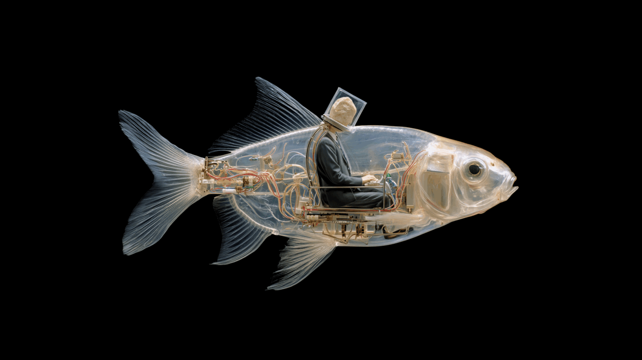 Transparent fish with a human figure inside, representing a type of mechanical control.