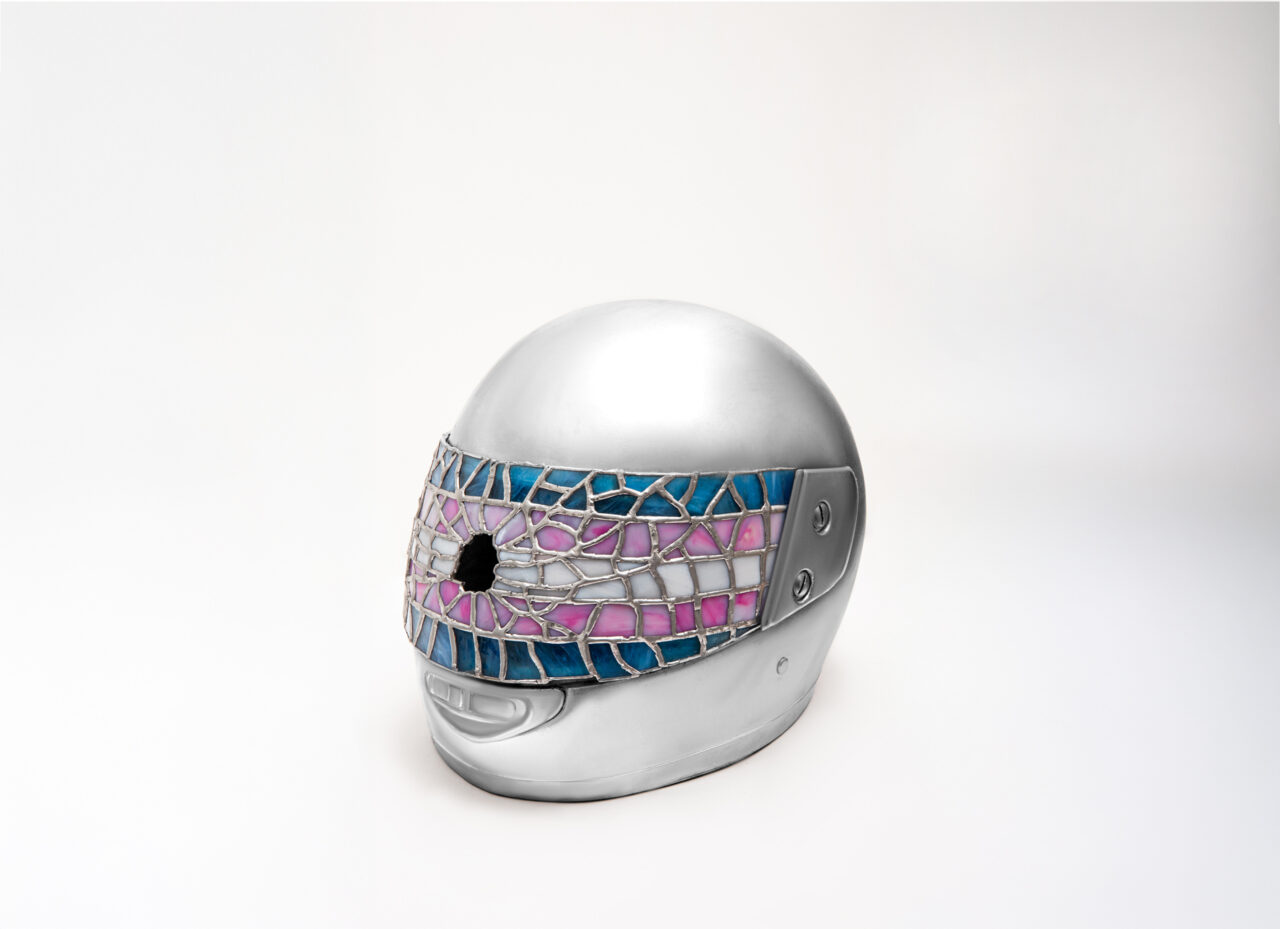 Series “The Knight at the Crossroads” / Helmet, Stained Glass, Spray paint, 28 x 22 cm