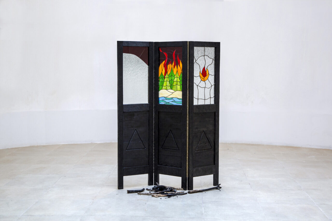 Burnt Wooden Panel, Stained Glass, 200 x 150 cm