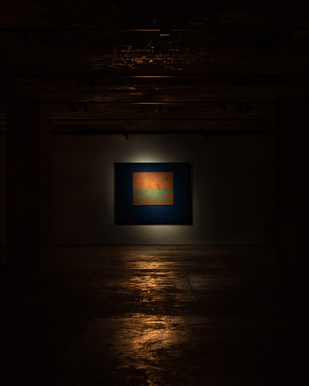 Dark room with a lit painting on the wall depicting a boat scene. Shiny floor reflects light.