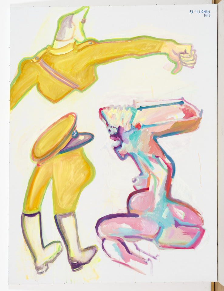 Abstract depiction of figures in vibrant colors, one with military influence and another with anatomical shapes.