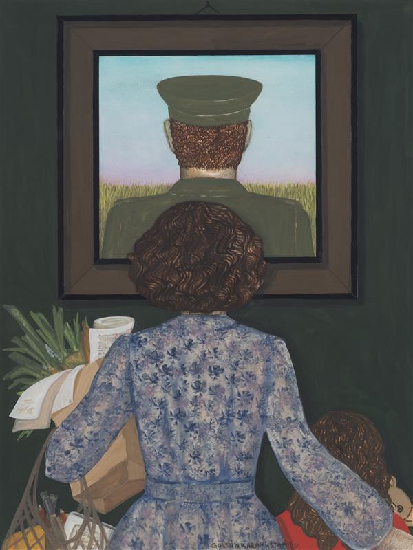 A woman with a child looks at a painting of a soldier while holding shopping bags.