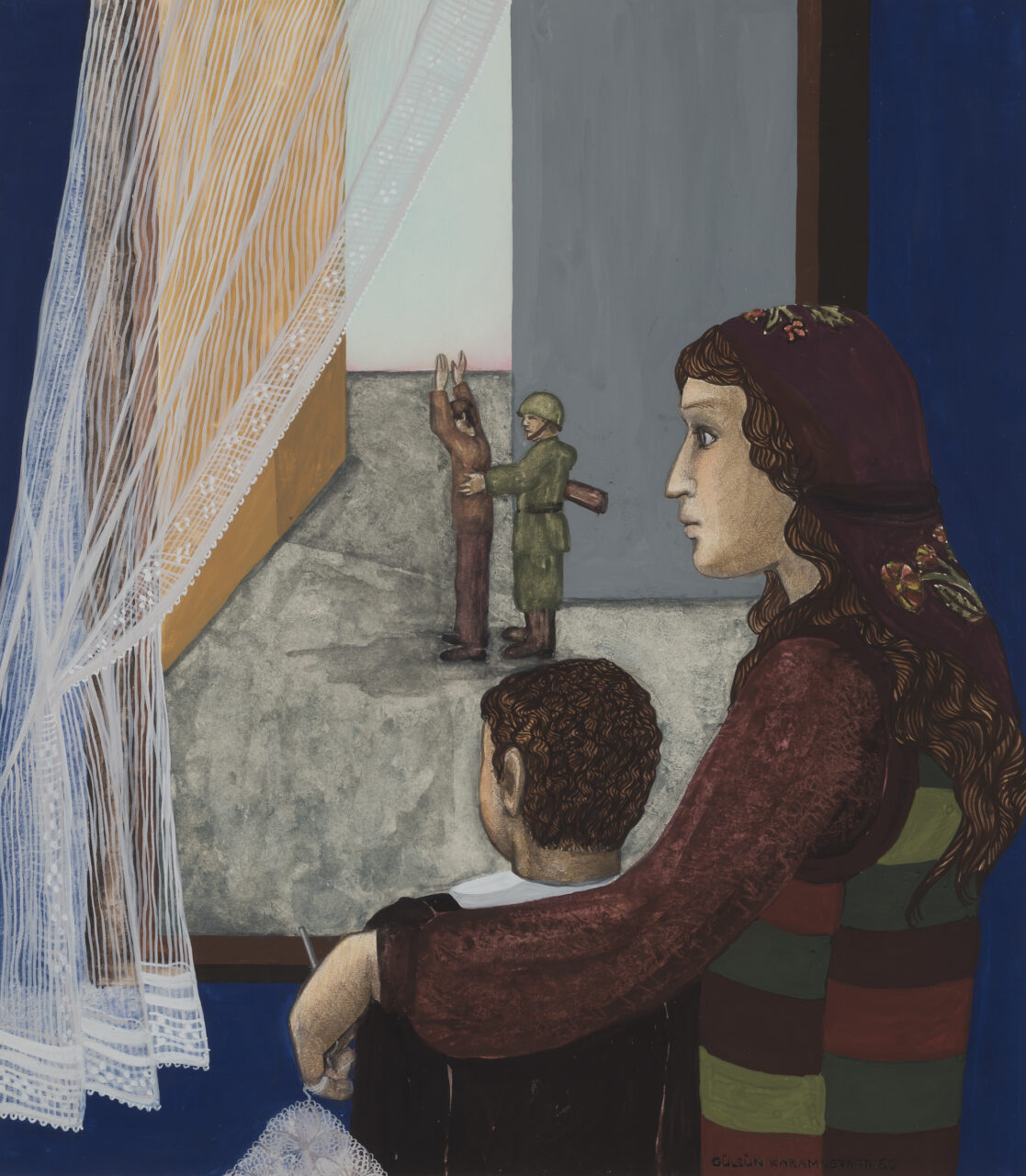 A woman and a child are watching a confrontational scene with soldiers and civilians from the window.
