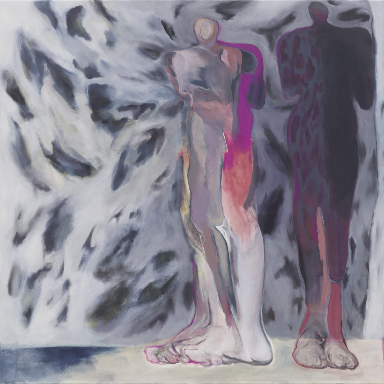 Abstract depiction of figures in soft colors, surrounded by a dynamic, fluid background.