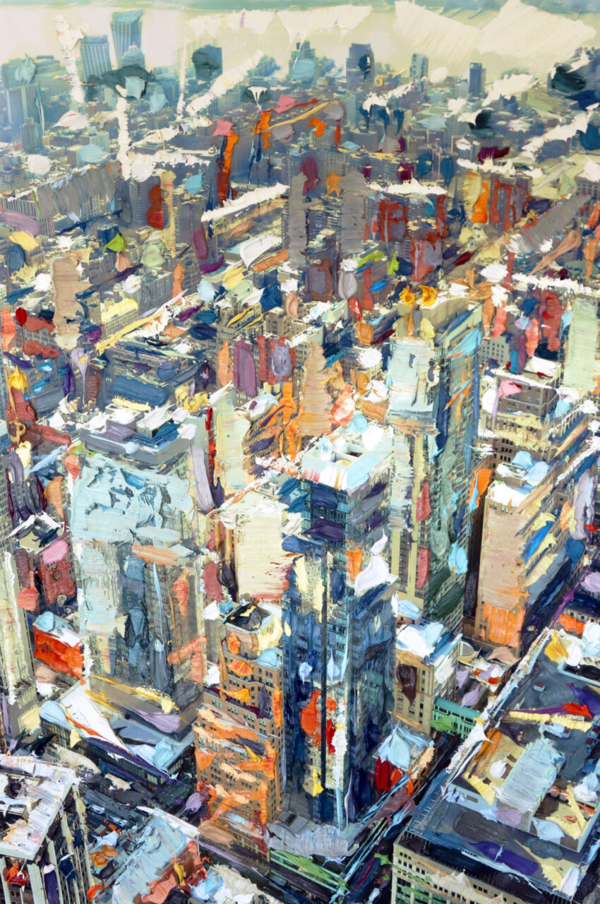 A colorful abstract representation of a city view with tall buildings and urban architecture.