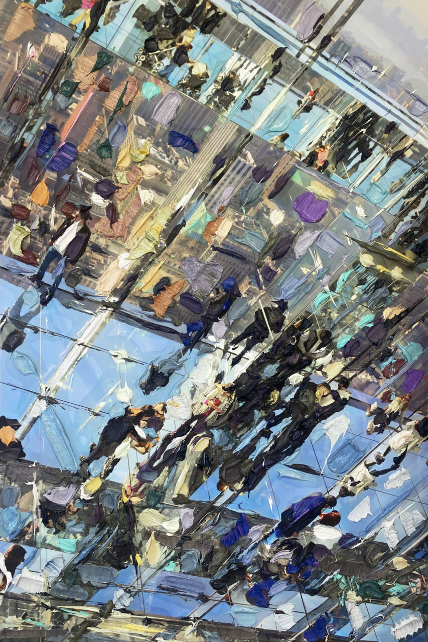Abstract depiction of a crowd visible on reflective surfaces in an urban environment.