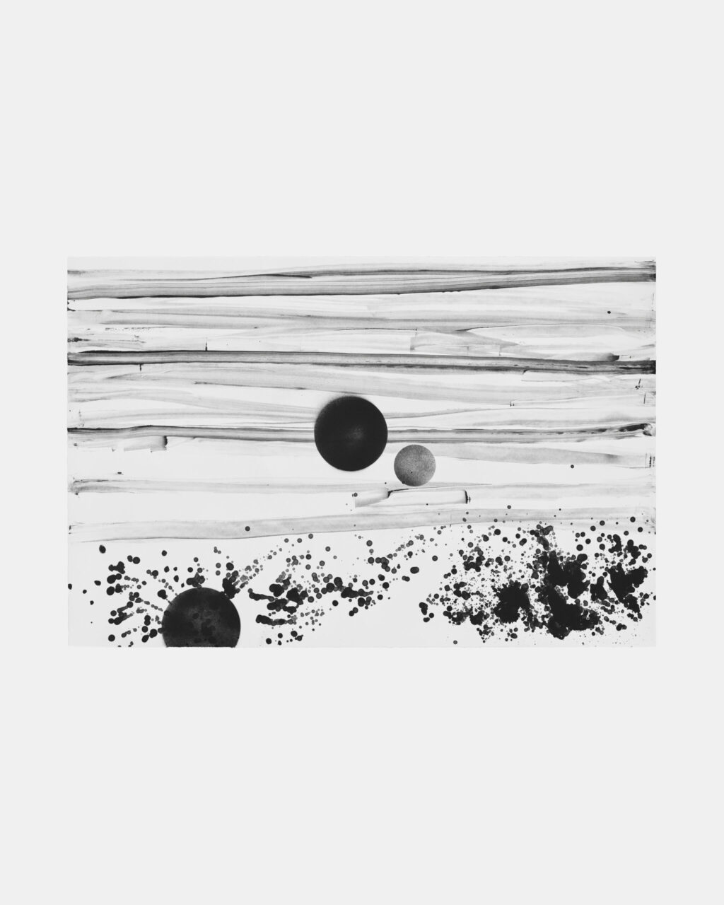 Abstract artwork in black and white with lines, organic spots, and various circles.