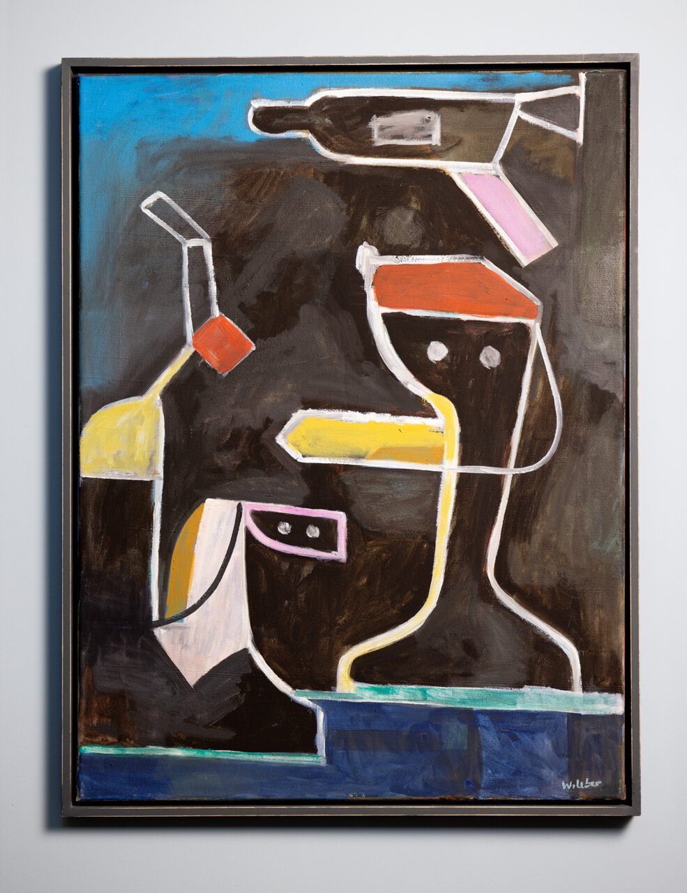 Abstract painting featuring stylized human figures and bottles in vivid colors against a dark background.