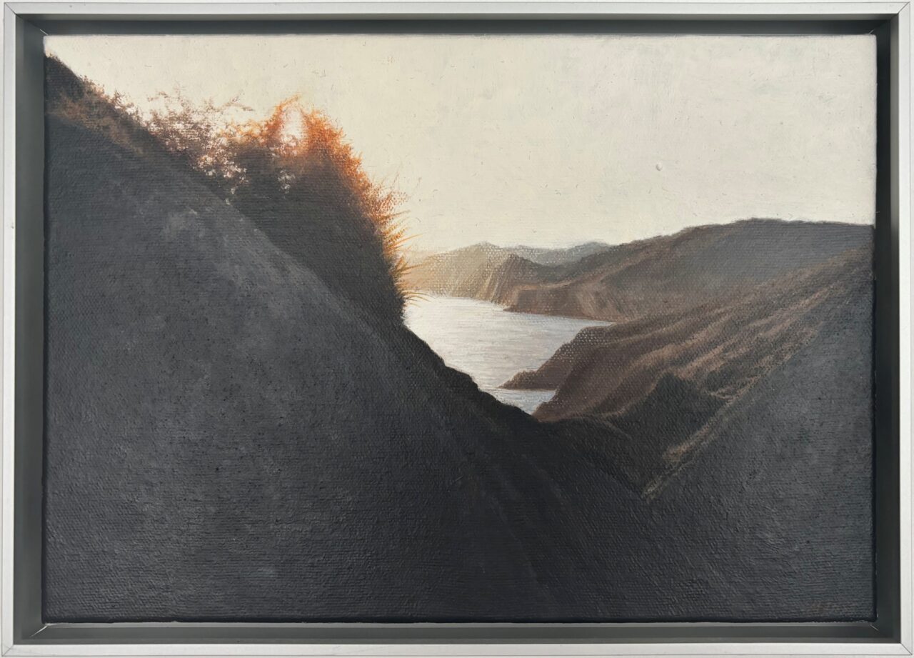 Landscape painting with gentle hills and a shimmering body of water in the background, illuminated by warm light.