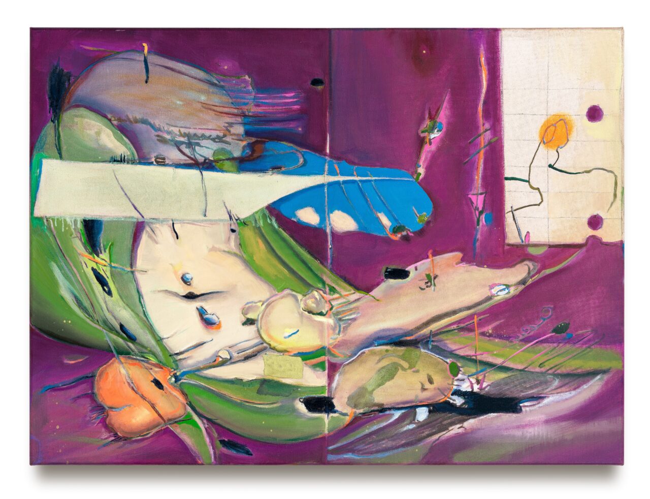 Abstract color patterns with organic shapes and a figurative sketch on a purple background.