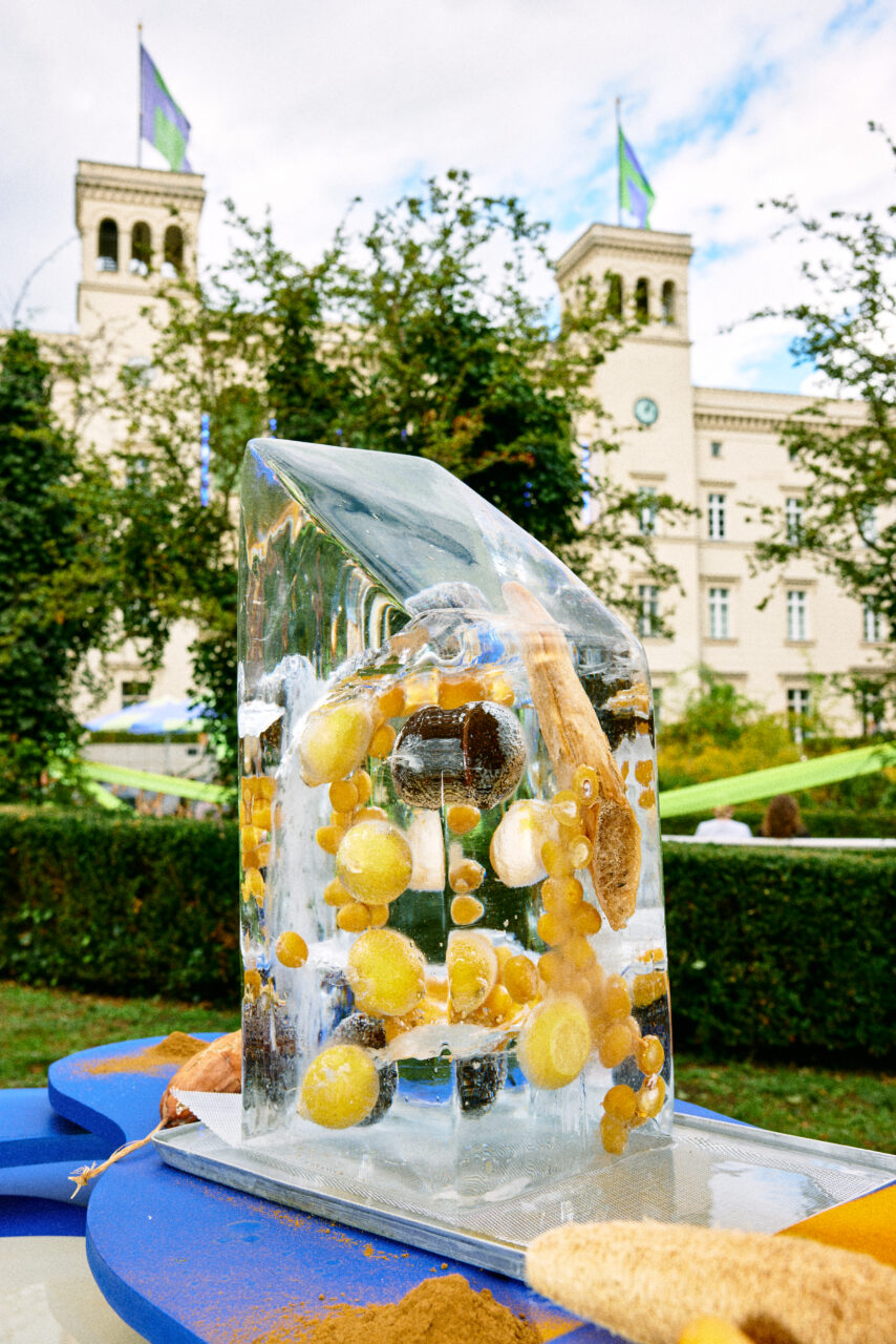 Eisblock mit Fr&uuml;chten und Pflanzen im Vordergrund, im Hintergrund ein Geb&auml;ude mit Fahnen und B&auml;umen.